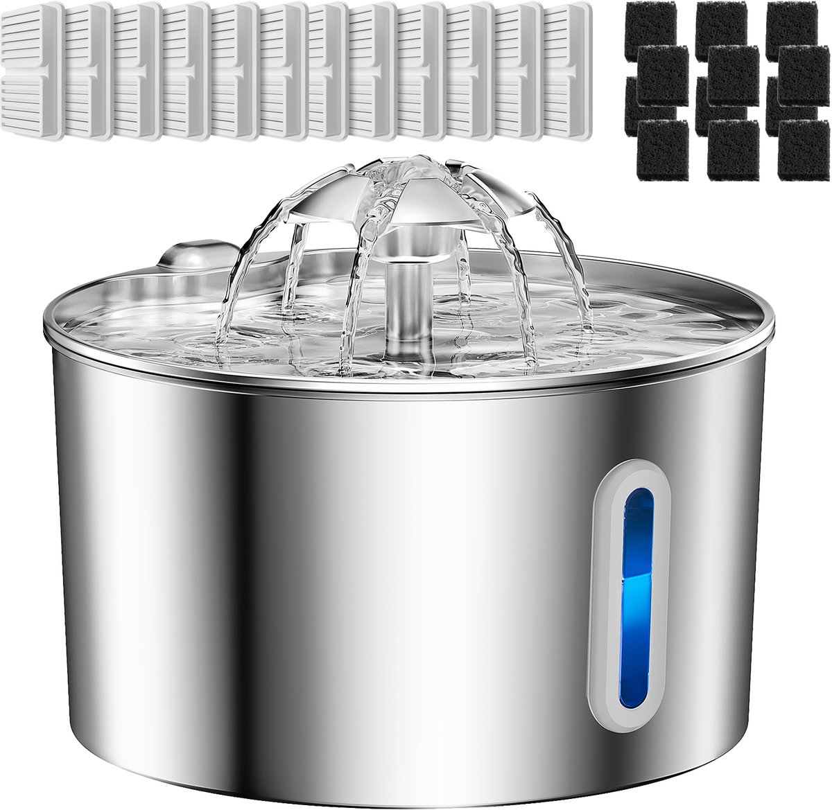 Balimo® Drinkfontein Kat en Hond - 2.2L - RVS - Waterfontein met Venster - Waterdispenser - Incl 12 Filters en Cleaning tool - Fluisterstil - Kattenfontein