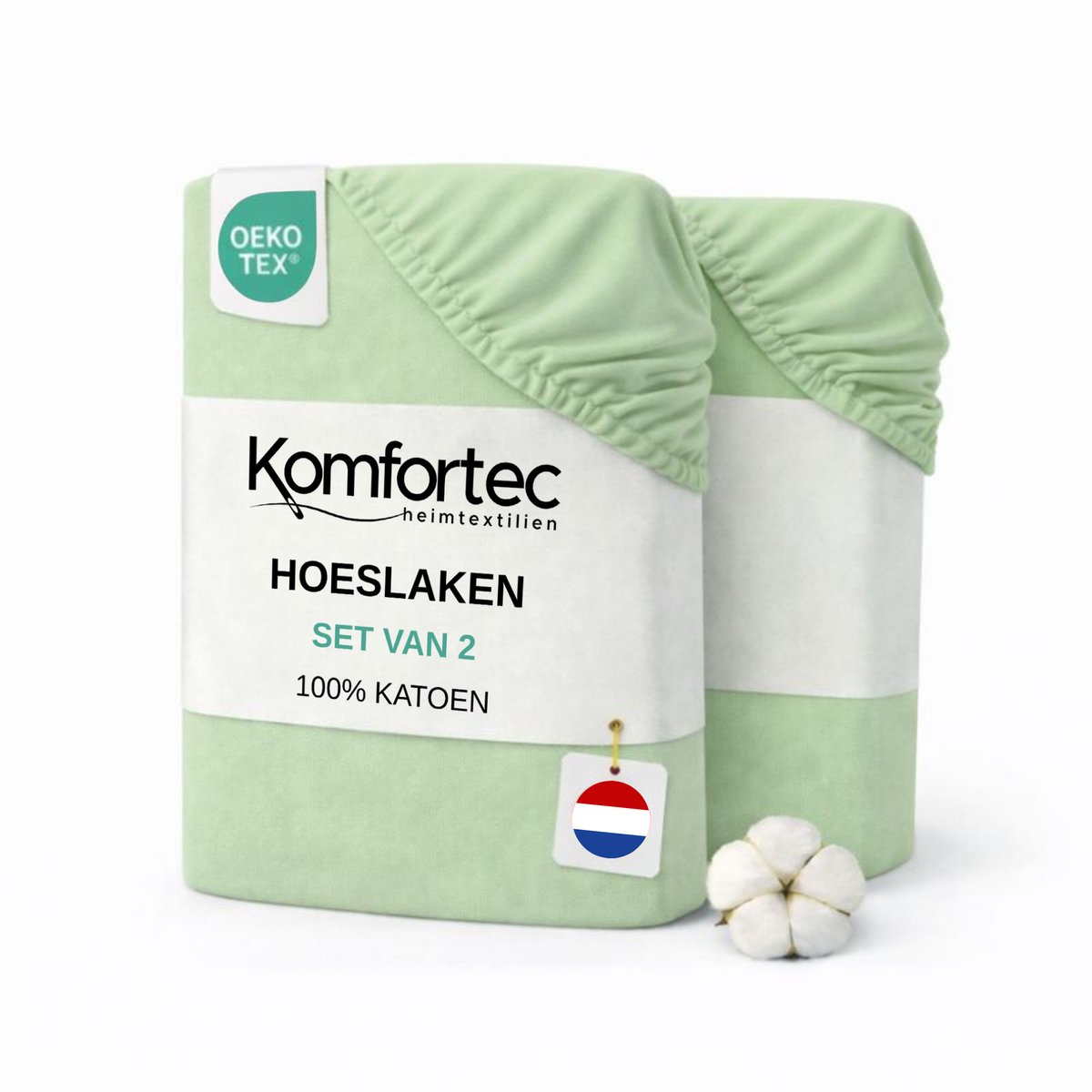 Komfortec Jersey Stretch 2-delige Hoeslaken Set 90x200 cm, Dubbelpak, 23 cm Matrasdikte, Rondom Elastiek, 100% Katoen, Groen