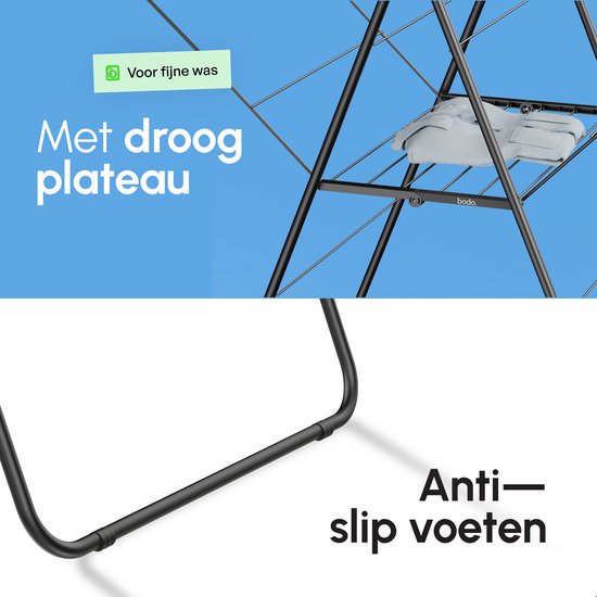 Zwart droogrek met speciaal plateau voor fijne was. Tekst: 'Met droog plateau', 'Voor fijne was' en 'Anti-slip voeten'.