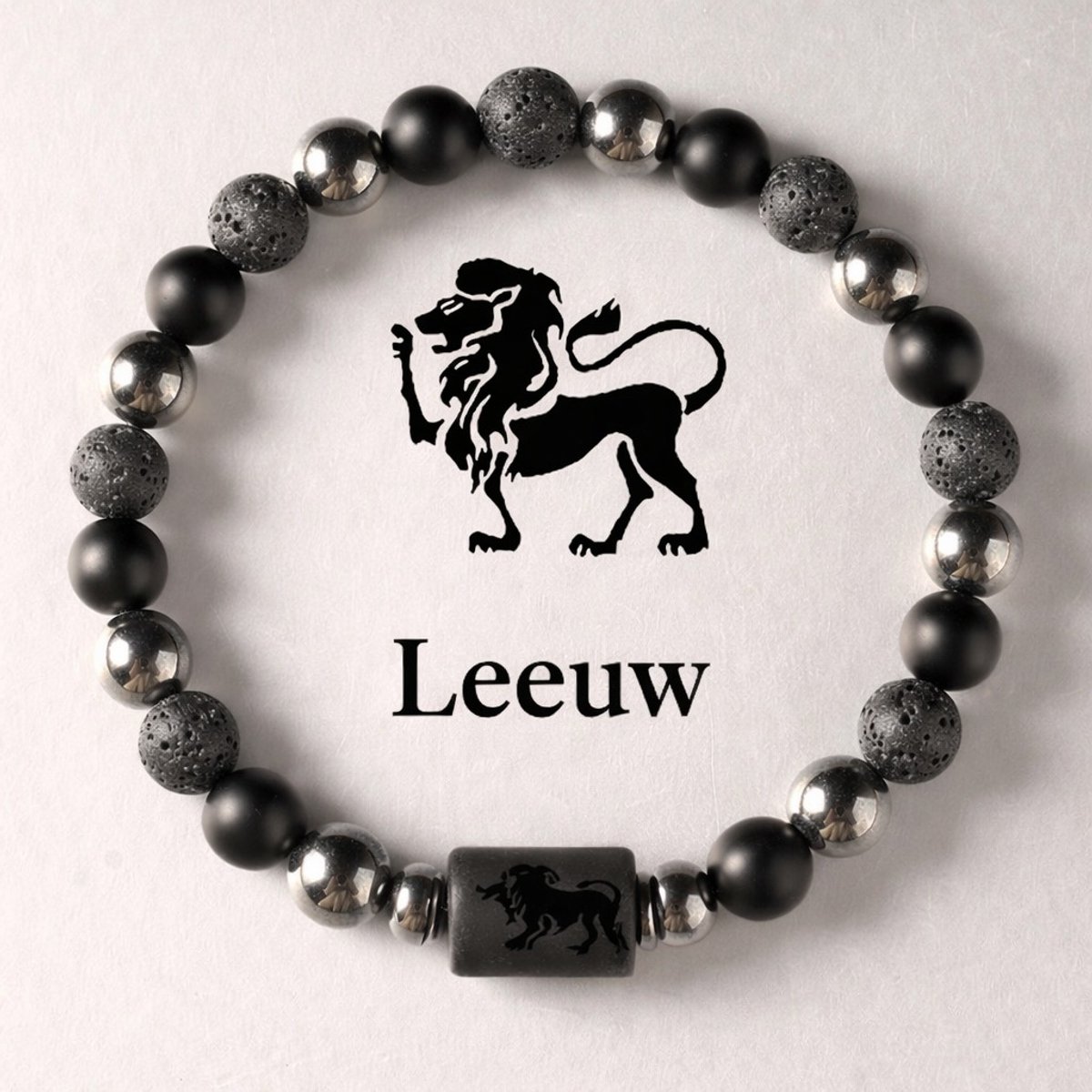 S4H Sterrenbeeld Armband Leeuw 18 cm – 8mm Kralen – Lavasteen, Mat Zwarte Agaat & Hematiet – Unisex