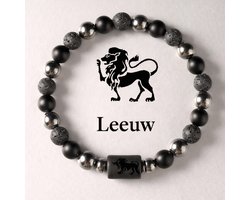 S4H Sterrenbeeld Armband Leeuw 18 cm – 8mm Kralen – Lavasteen, Mat Zwarte Agaat & Hematiet – Unisex