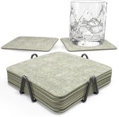 Castagnola Kunstlederen Onderzetters – Onderzetters voor Glazen – Design Onderzetters met Houder – Leren Onderzettersset met metalen houder – Leder – Set van 10 - Gemêleerd Groen - 10x10cm