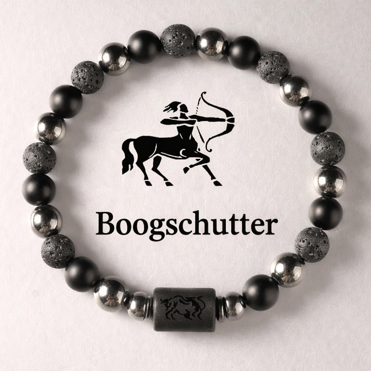 S4H Sterrenbeeld Armband Boogschutter 18 cm – 8mm Kralen – Lavasteen, Mat Zwarte Agaat & Hematiet – Unisex