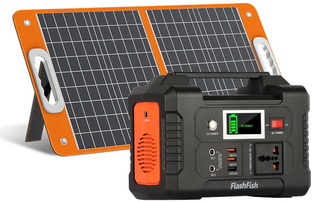 FlashFish E200 Draagbare Powerstation 151Wh – 200W Pure Sinus – Inclusief Zonnepaneel – Camping & Noodstroom