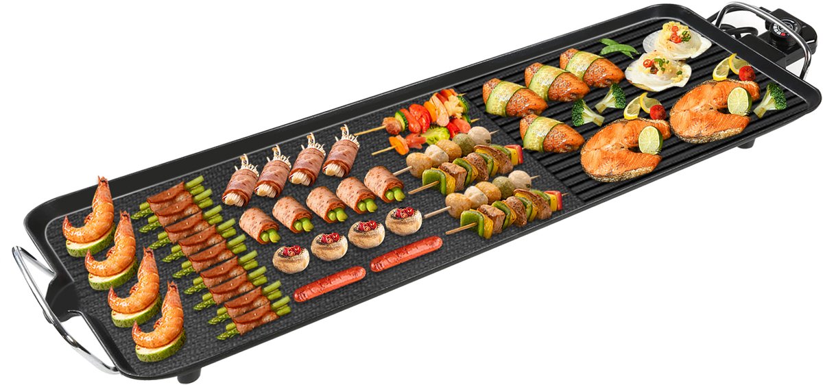 XXL Elektrische Grillplaat-Teppanyaki Bakplaat- Antiaanbaklaag-Gemengd oppervlak-Verstelbare thermostaat voor 8 personen - 68×28 cm