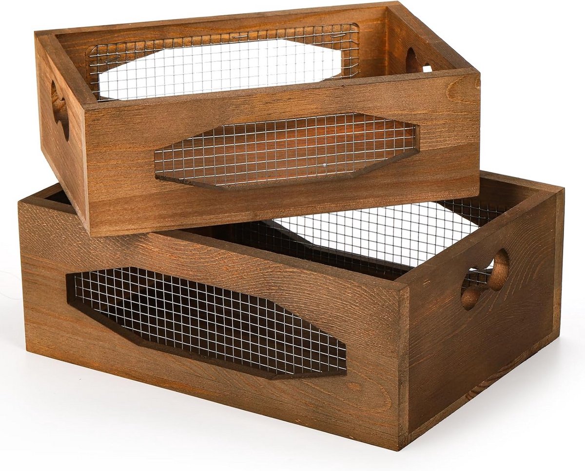Set van 2 Rustieke Houten Opbergmanden voor Keuken en Huis - Decoratief