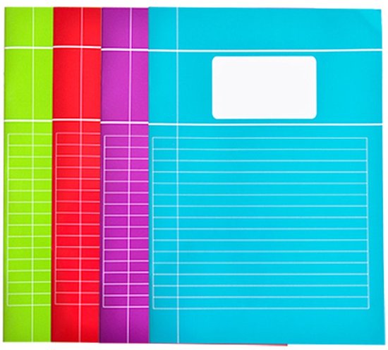 Vijf A4-schriften in groen, rood, paars en blauw, met witte lijnen en naamvelden.