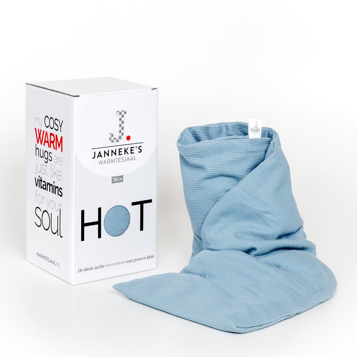 Janneke's Warmtesjaal®- pittenzak - kersenpitkussen - lang - biologisch lijnzaad - wasbare hoes - lokaal gemaakt -licht jeans 70x20 cm