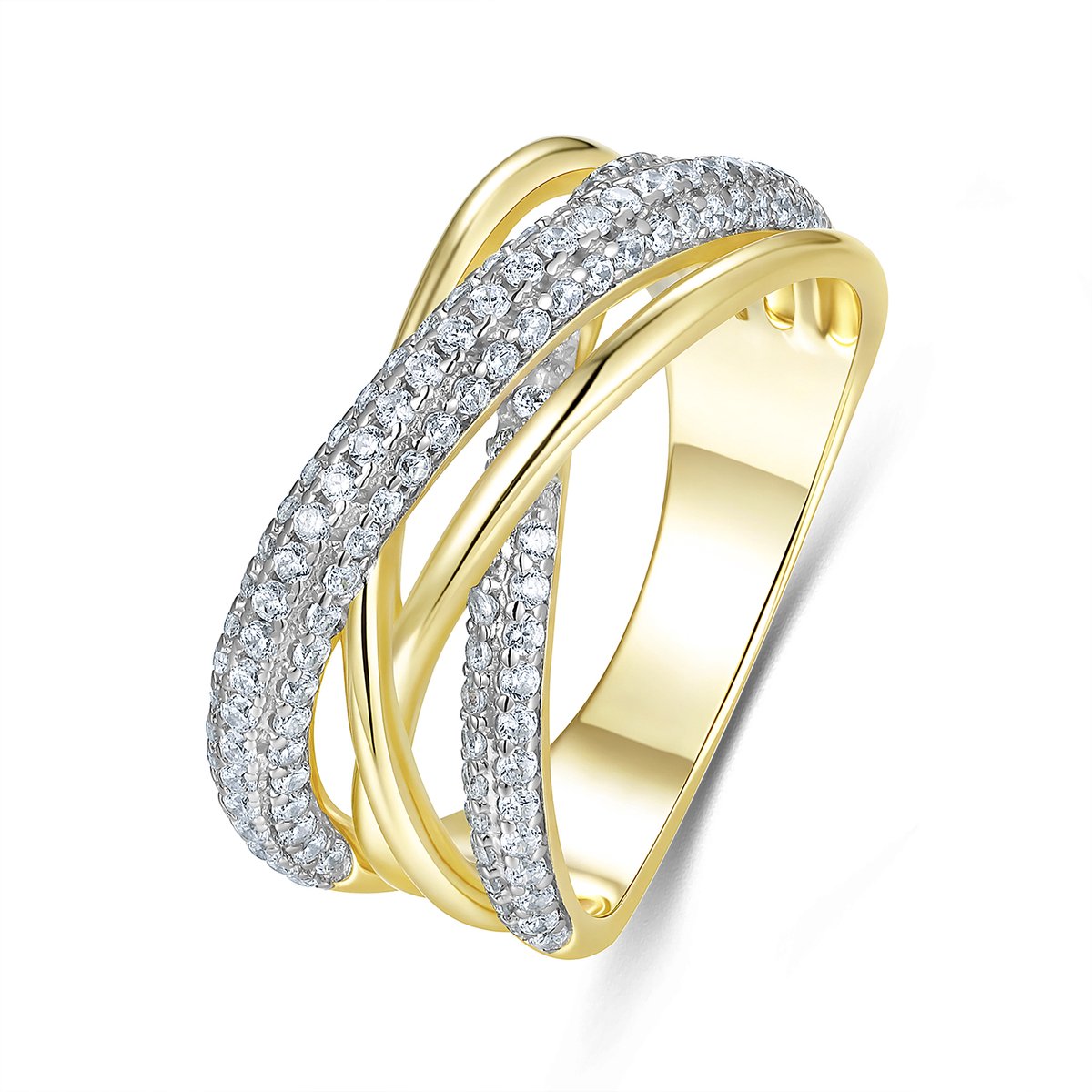 9NB-1658-54 - New Bling - Zilveren ring meerdere bandjes - Zirkonia - Goudkleurig - Maat 54