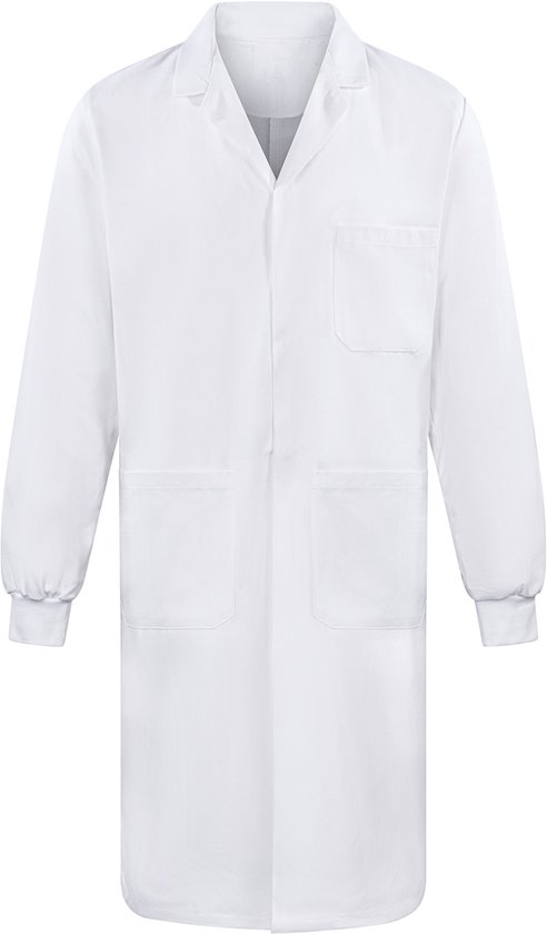 Witte doktersjas met lange mouwen, reverskraag, een borstzak en twee steekzakken.