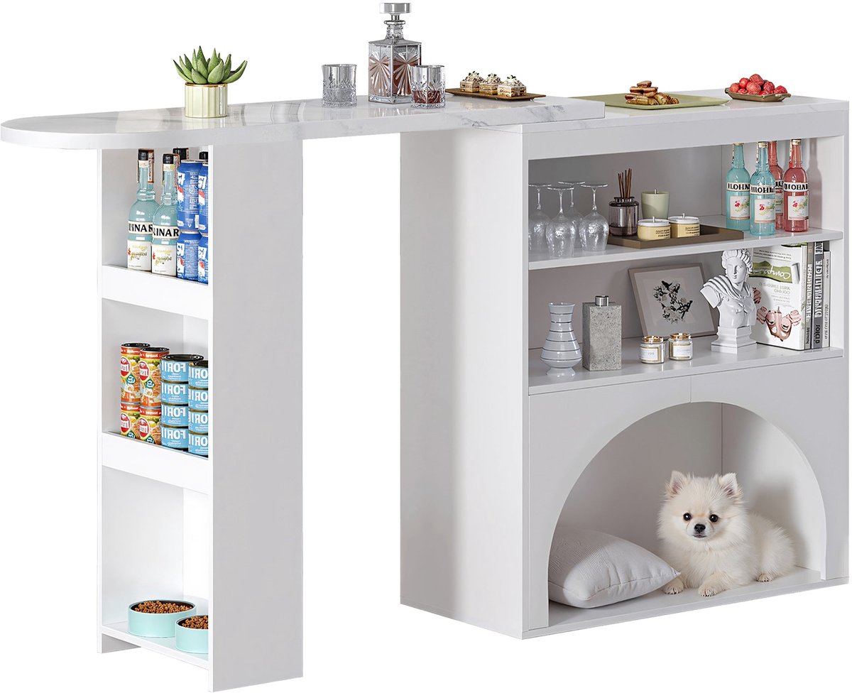 Merax Moderne Uitschuifbare Bartafel En Eettafel Met Draaibaar Blad En Huisdierhoek – Wit Met Marmerlook Tafelblad – 120 (+80) × 40 × 100 Cm