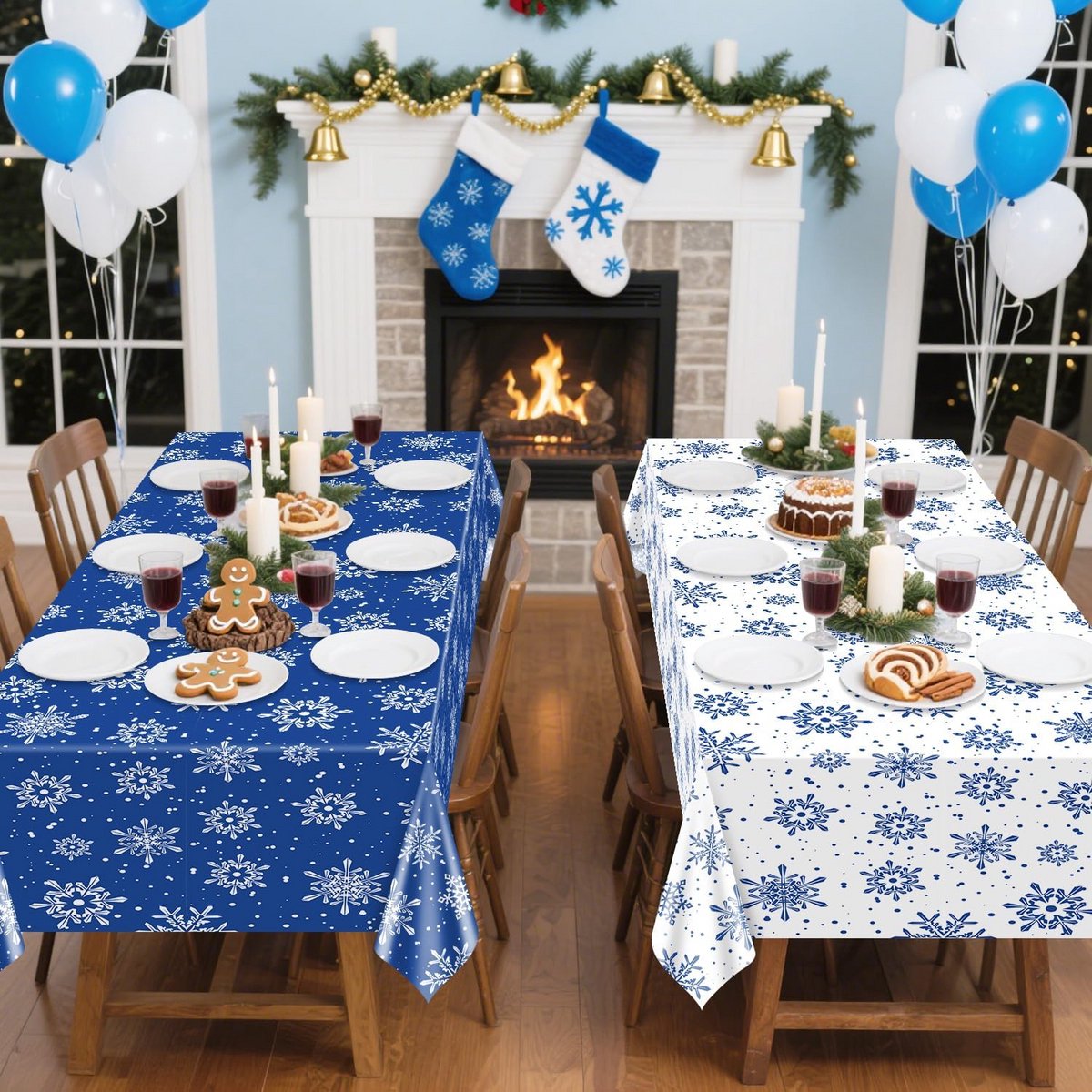 4-Pack Blauw en Wit Sneeuwvlok Tafelkleden 220x130cm voor Winter en Kerstversiering