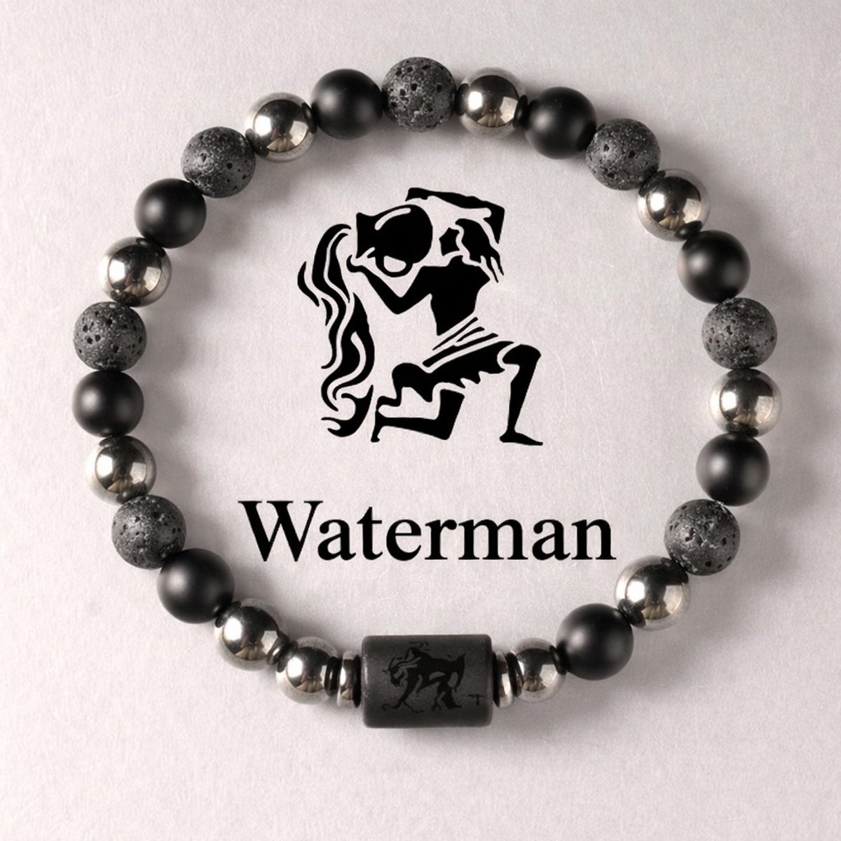 S4H Sterrenbeeld Armband Waterman 18 cm – 8mm Kralen – Lavasteen, Mat Zwarte Agaat & Hematiet – Unisex