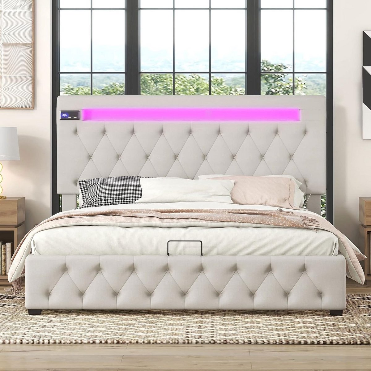 Gestoffeerd Tweepersoonsbed 140x200 met USB, LED Verlichting en Opbergruimte