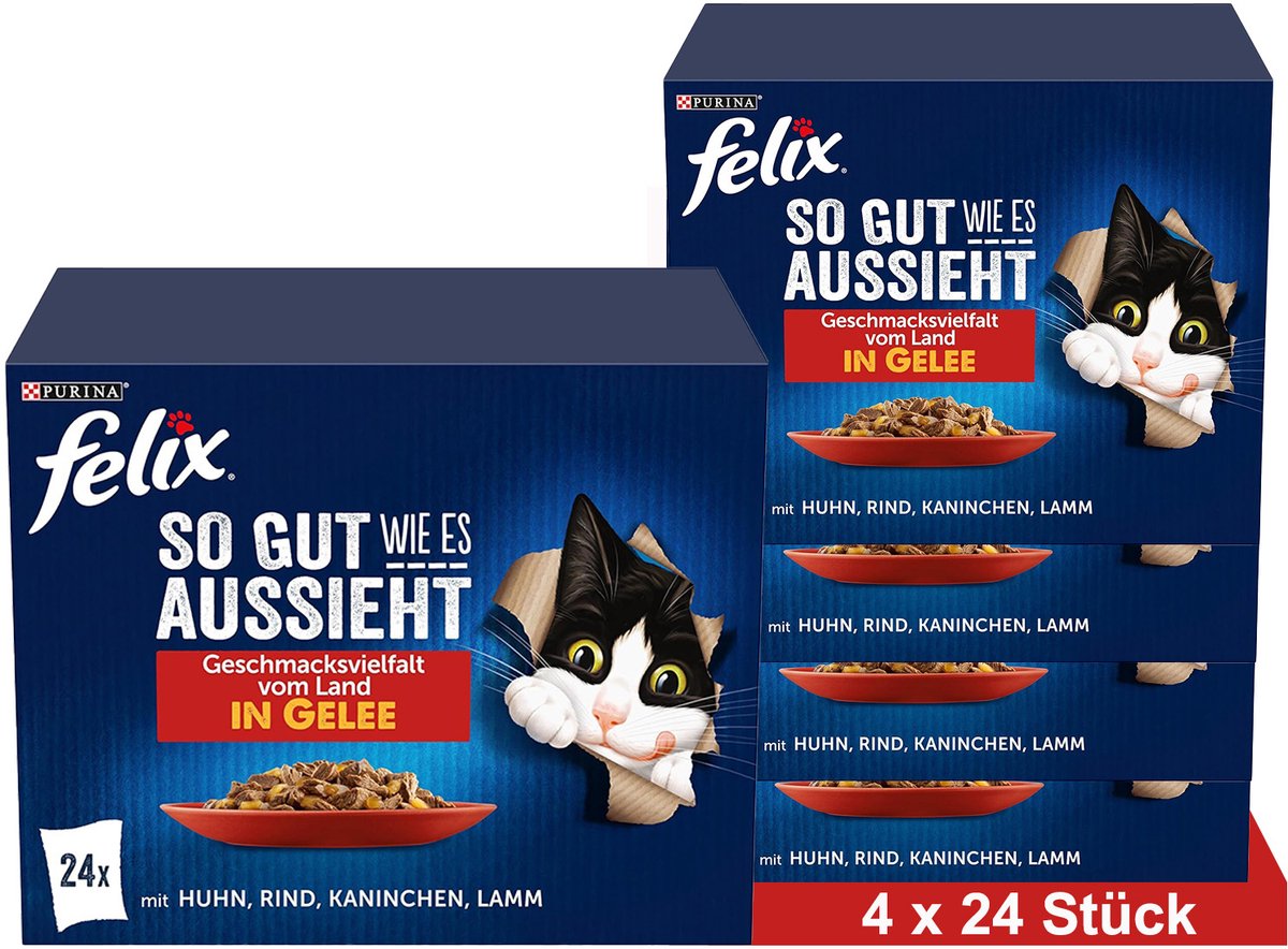 Felix FELIX Zo lekker als het eruit ziet Nat kattenvoer in gelei, assortiment, (4 x 24 x 85g)