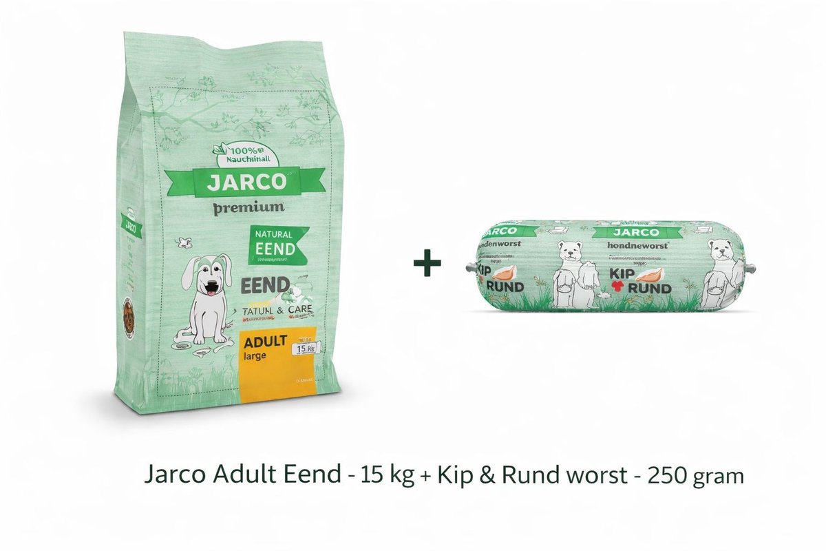 Jarco Dog Natural Large Adult Eend - Hondenvoer - 15 kg 26-45 Kg + Kip & Rund worst 250gram