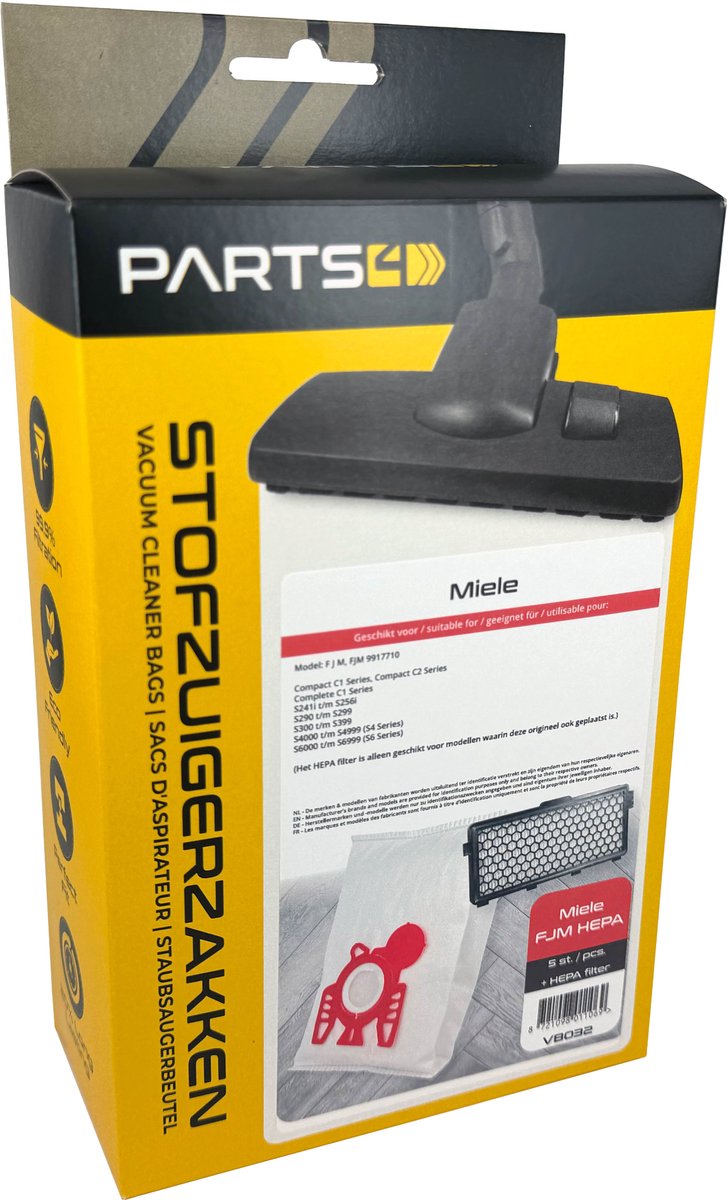 5 Stofzuigerzakken PARTS4® geschikt voor Miele FJM + HEPA Filter | Passend in o.a. Complete C1, Compact C1 & Compact C2, S241, S290, S300, S500, S700, S4 (S4000 > S4999), S6 (S6000 > S6999), 9917710, MI30, NR57+