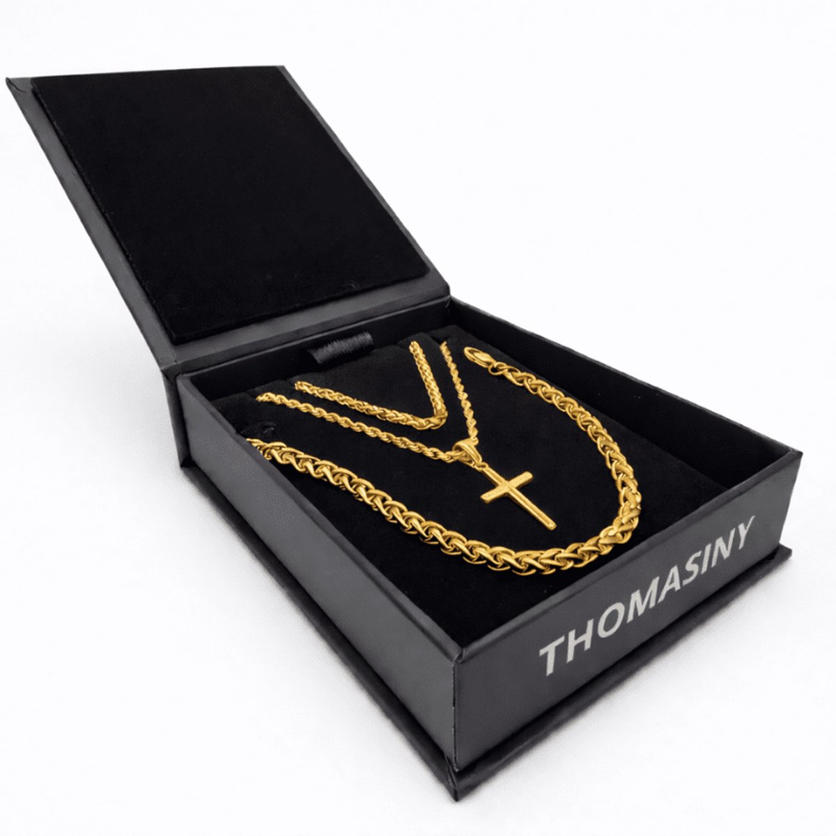 Kruis Cadeauset Goud – 3-delige Heren Sieradenset – Kruishanger met Ketting & Armband – RVS – Luxe Geschenkverpakking
