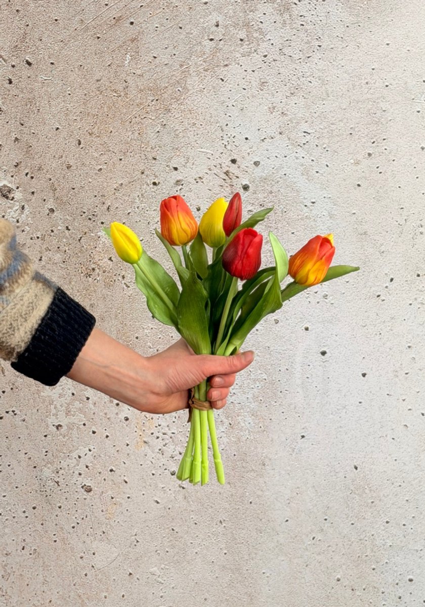 Kunst tulpen "Hollandse Pracht" Rood/geel mix (7 stuks) | 30cm | Prachtig gedetailleerd boeketje | Perfect als cadeau of als decoratie voor jouw eigen interieur