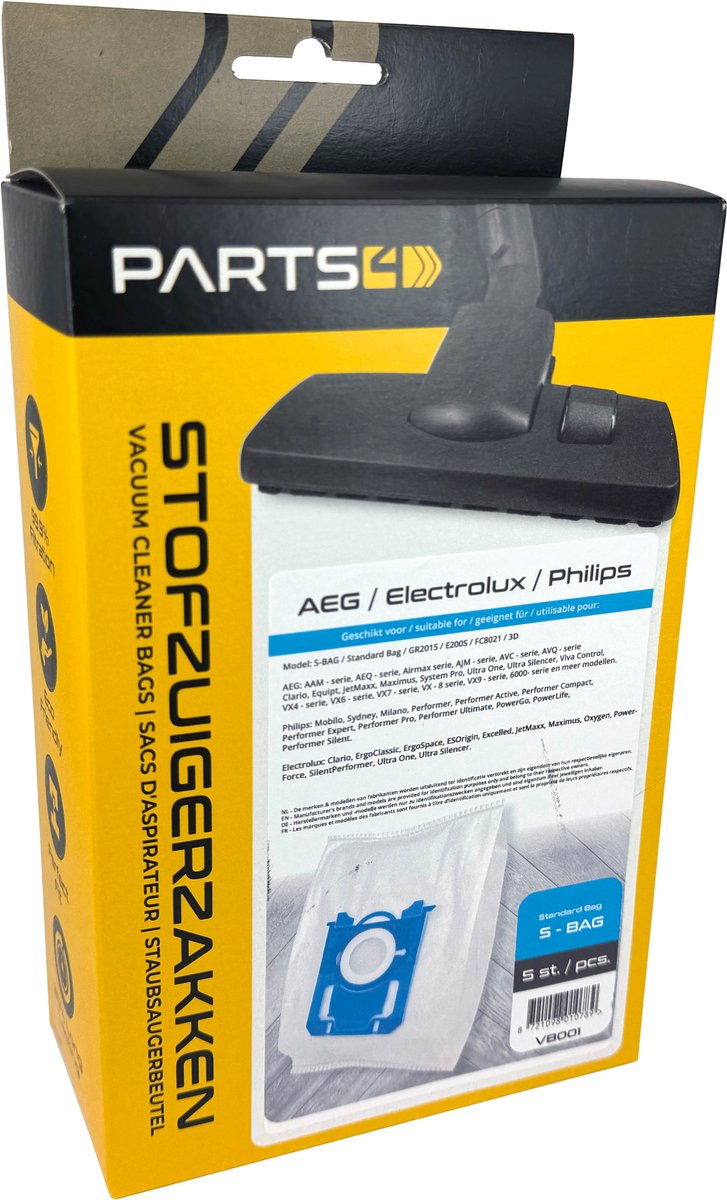 5 Stofzuigerzakken PARTS4® geschikt voor AEG / Philips / Electrolux S-BAG | Made in Europe | Passend in o.a. AEG VX4, VX6, VX7, VX8, 6000 serie, GR201 of Philips Active, PowerPro, PerformerPro, PH99, FC8021/03, FC8021/05