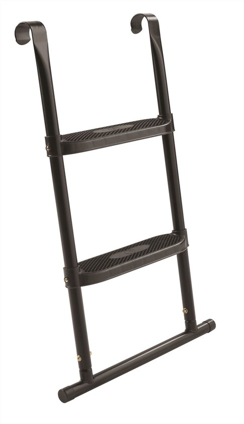Zwarte trampoline ladder met 2 treden en gebogen haken om aan de trampoline te bevestigen.