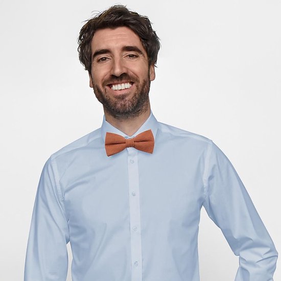 Man met baard en blauw overhemd, draagt een koperkleurige strik.