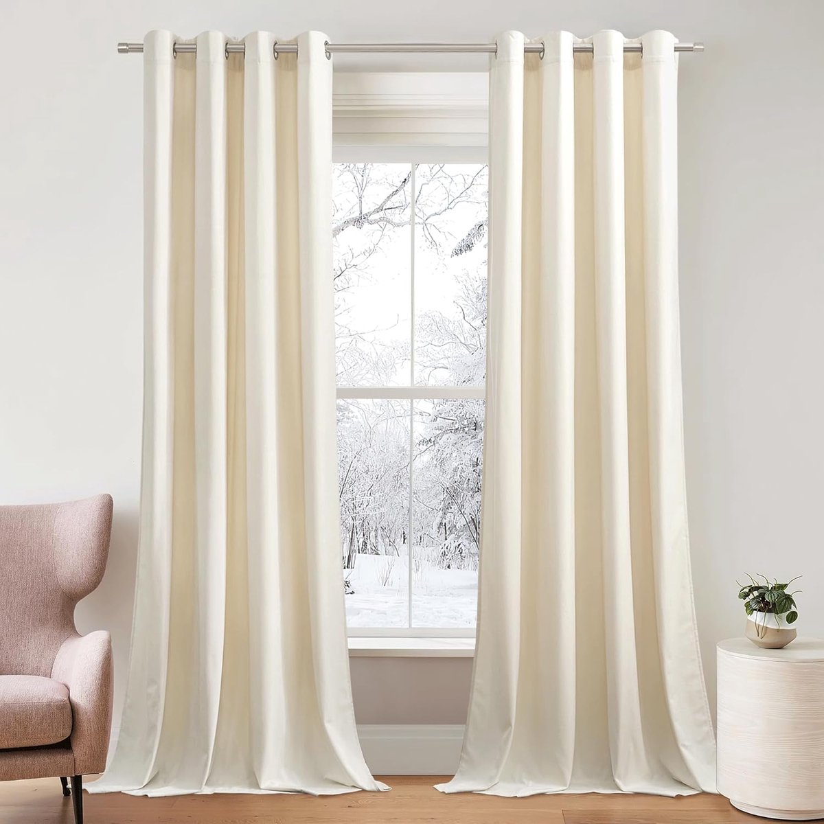 Famanu Velvet Curtains for Living Room Gordijnen tegen kou met inslagringen - set van 2 - H 260 x B 132 cm - ondoorzichtige gordijnen - fluweel - crème (300 g/m²) - zware fluwelen gordijnen - woonkamer wit