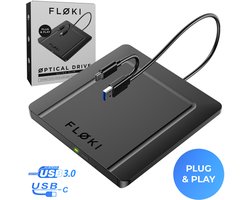 Floki® Ultra dunne Externe dvd/cd speler & brander voor laptop - Plug & Play - USB 3.0 en USB-C - MacOS Windows & Linux - Optical Drive