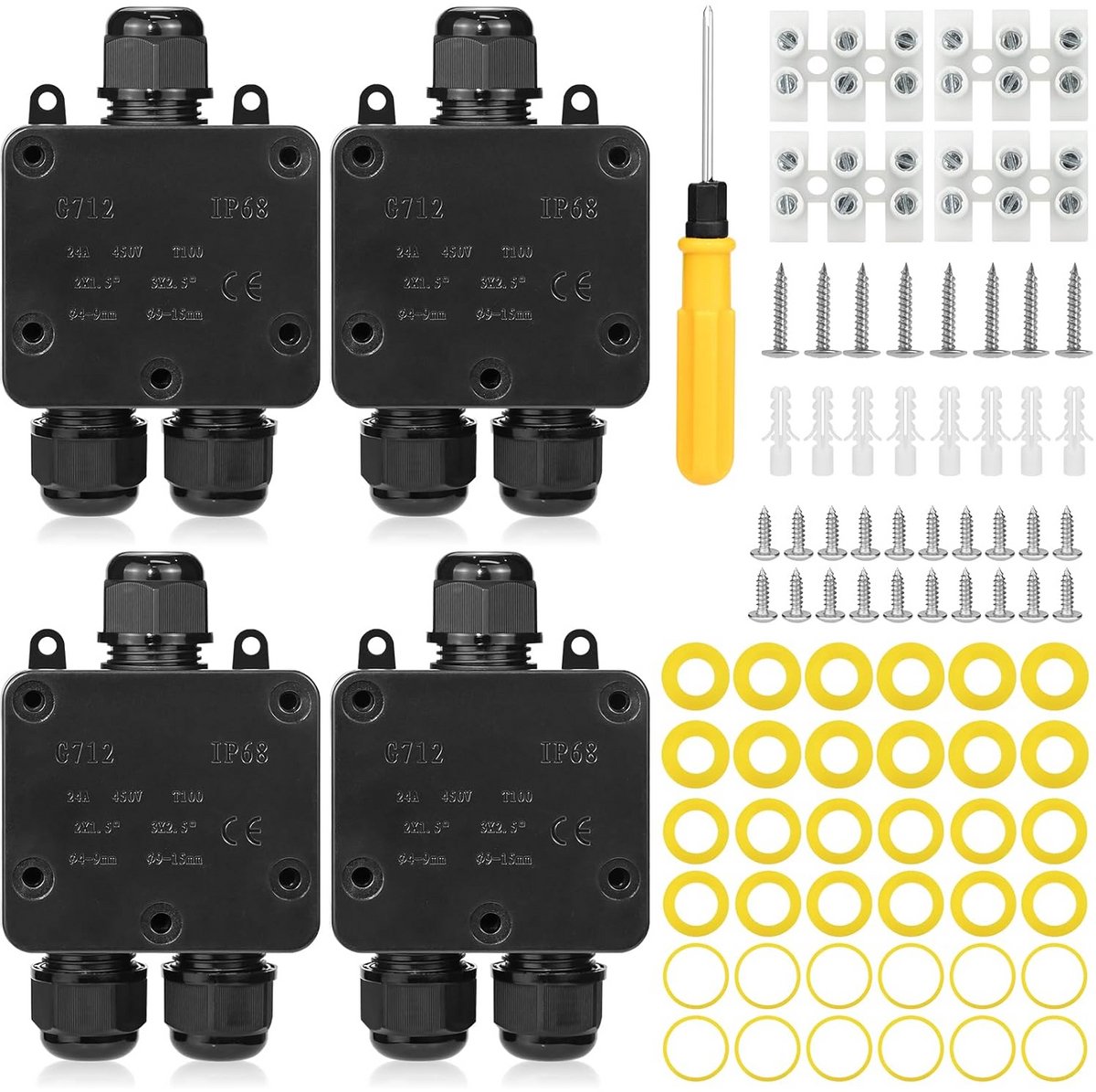 Waterdichte aansluitdoos 4 stuks, 3-voudige aansluiting, IP68, voor kabels van 5-15 mm