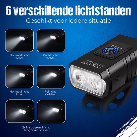 Securely LED Fietslamp 1000 Lumen - USB Oplaadbare Fietsverlichting - Waterbestendig - Voor Fiets, E-bike, Fatbike & MTB — afbeelding 2