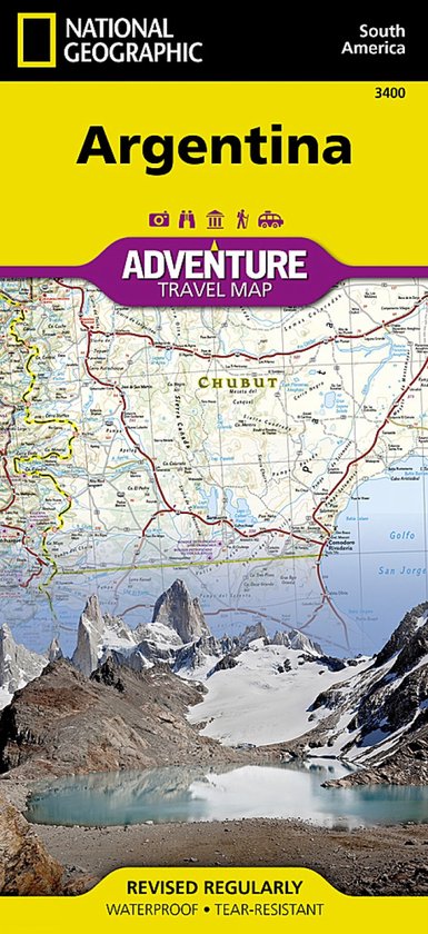 Carte de voyage Argentine avec montagnes et lac, texte National Geographic Adventure Travel Map.