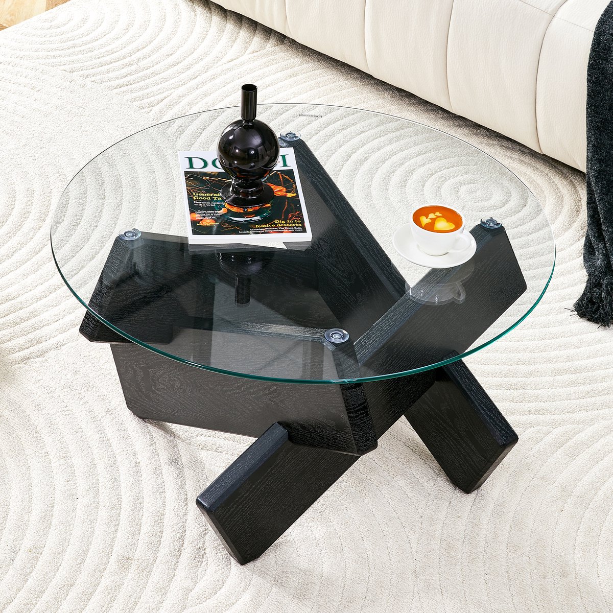 HAUSS SPOLE Salontafel Rond - Glazen Blad 0,8 Cm En Kruispoot - Voor Woonkamer En Leeshoek - MDF En Glas - 79x45 Cm - Zwart