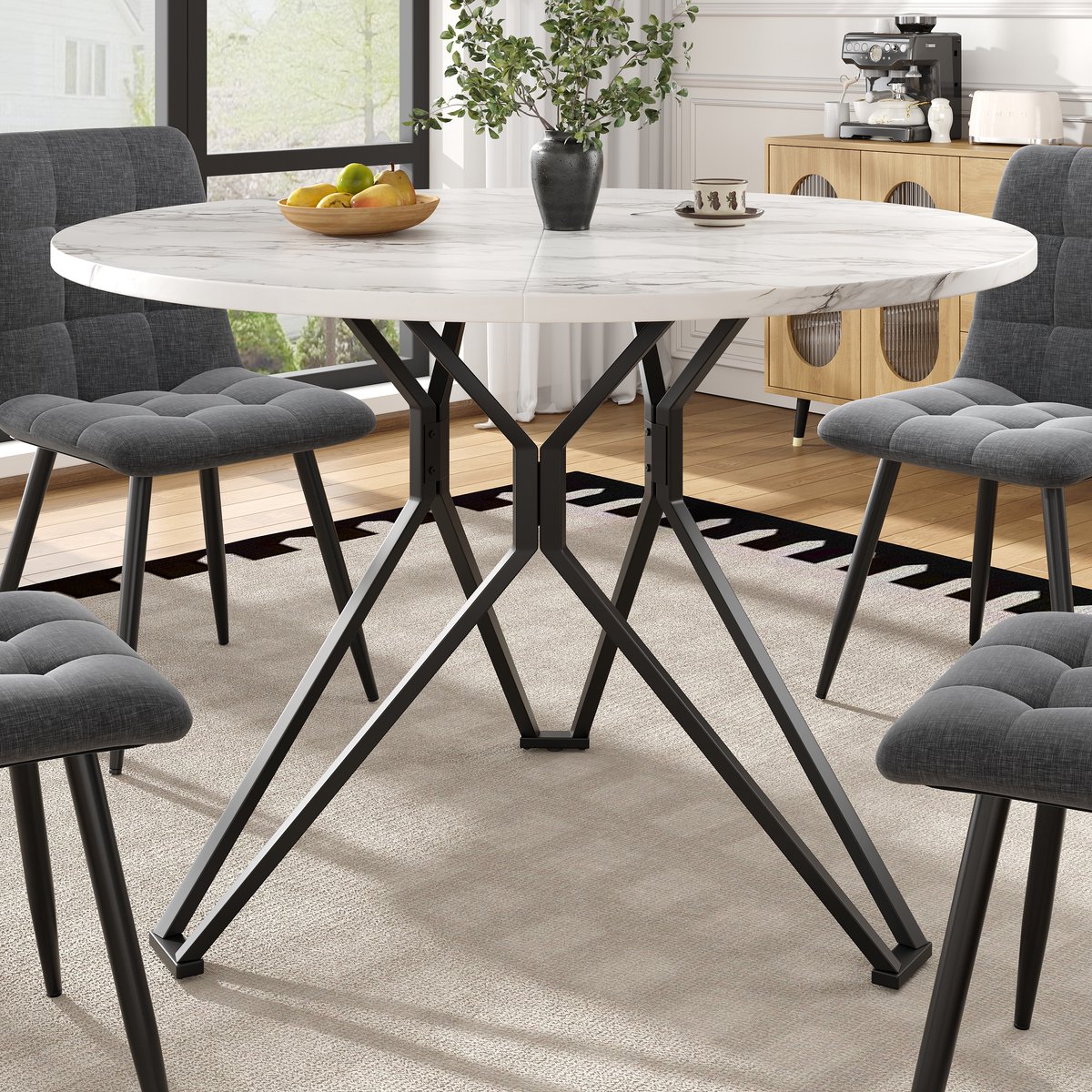 HAUSS SPOLE Eettafel Rond 100x100x76 Cm - Marmerlook Blad - Verstelbare Poten - Voor Eetkamer Woonkamer Kantoor - MDF - Zwart