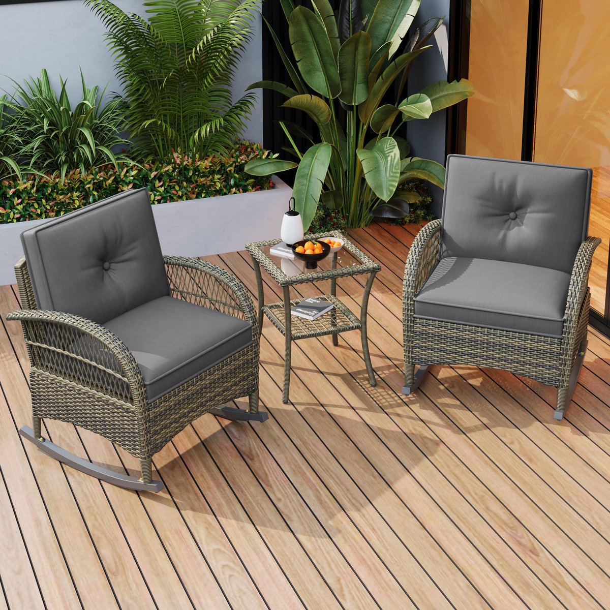 HAUSS SPOLE Balkonset 3-Delig - 2 Schommelstoelen Met Hoge Rugleuning - Met Glazen Tafel - Rattan - Grijs