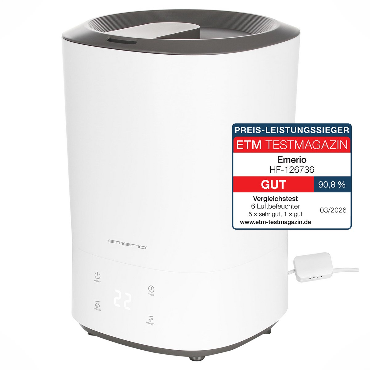 Emerio HF-126736 - Luchtbevochtiger verwisselbaar waterfilter aroma-functie display 3 snelheden navullen van bovenaf ultrasoon 35 dB voor ruimtes tot ca. 30 m² Wit