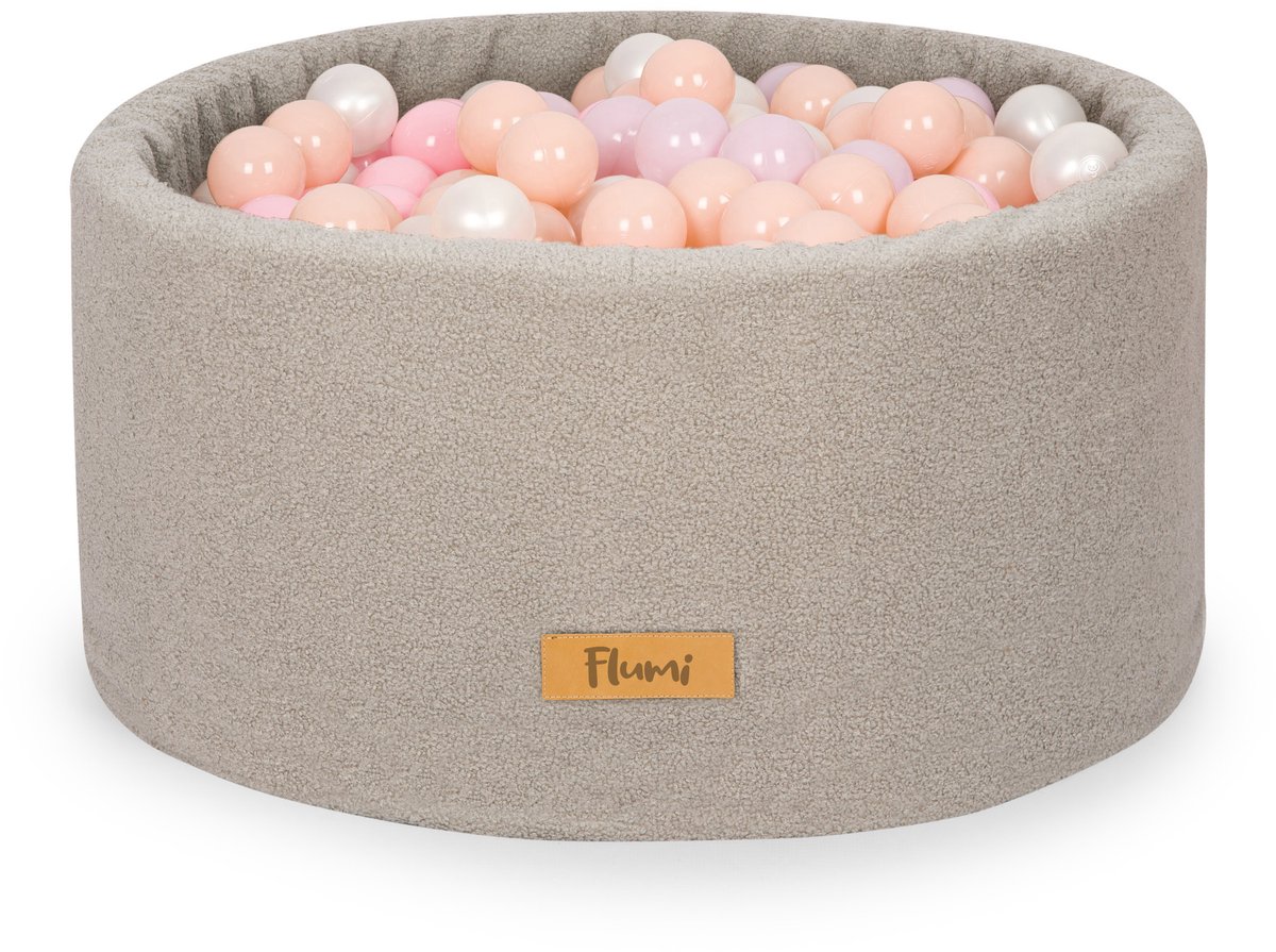 Flumi - Schuim Kinder Ballenbad - Teddy Stof - Inclusief 200 Ballen - Afneembare Hoes - Grijs met Roze en Perzik Ballen