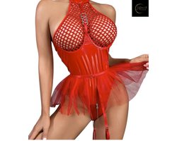 Sexy Lingerie Body – Erotisch jurkje – Rollenspel – Lak & Netstof – Latex & Datex – Kinky Mesh Bustier met Tule Rokje – Verleidelijk Fetish – Erotische Lingerie – BDSM – Lingerieset Dames – Sexy Lingerie – Festivallook – Bitch – Maat S, M, L, XL