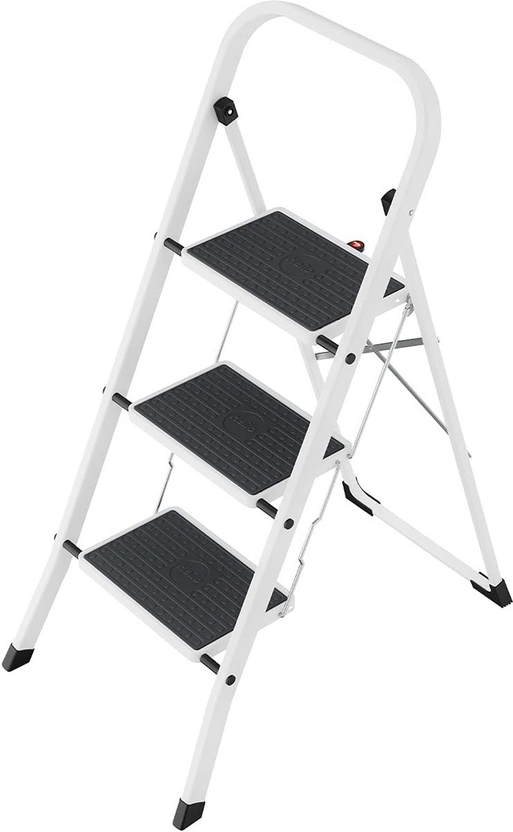 Stalen Opstapladder met Antislipmatten - 3 Treden, Tot 150 kg, Veiligheidsmechanisme