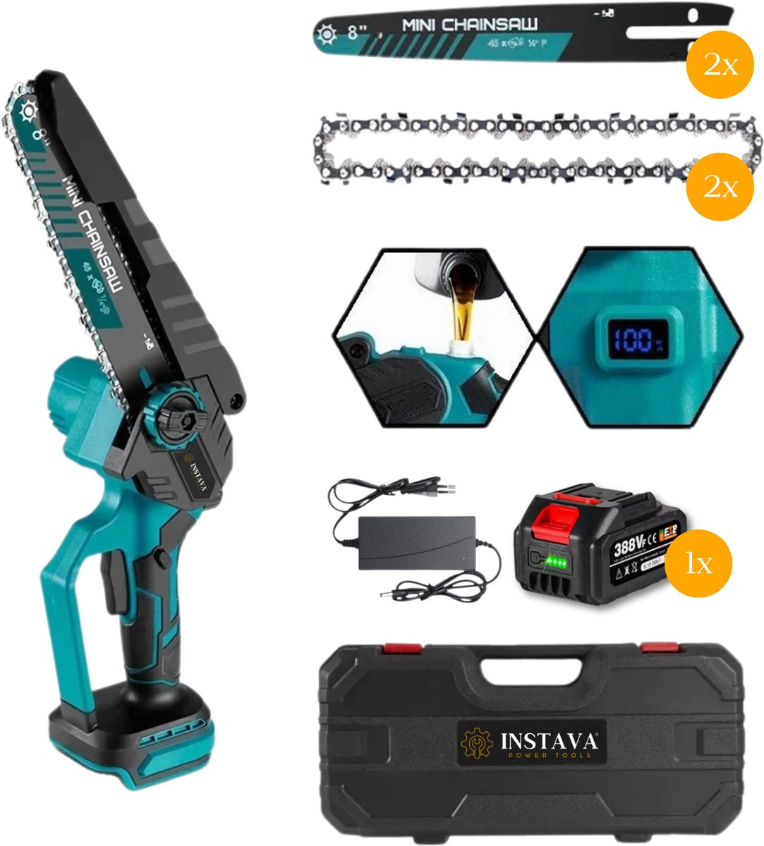 Instava Mini Kettingzaag 20cm – Accu Kettingzaag – Incl. 1 Accu (4.0Ah) – Takkenzaag – Geschikt voor Makita LXT 18V – Complete Set met Koffer & Accessoires