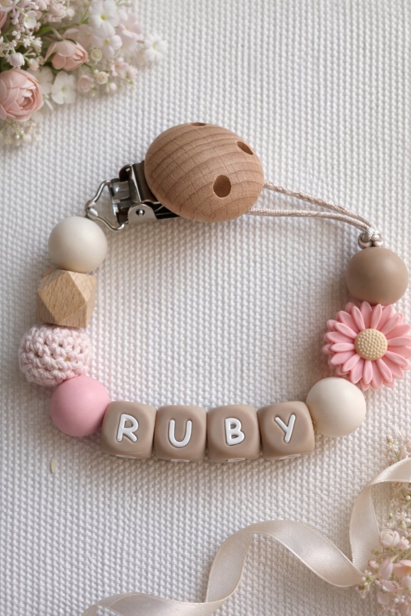 Speenkoord met naam | gepersonaliseerd | bloem-roze-beige | verzending binnen 24h |kraamcadeau & babycadeau | baby | meisje
