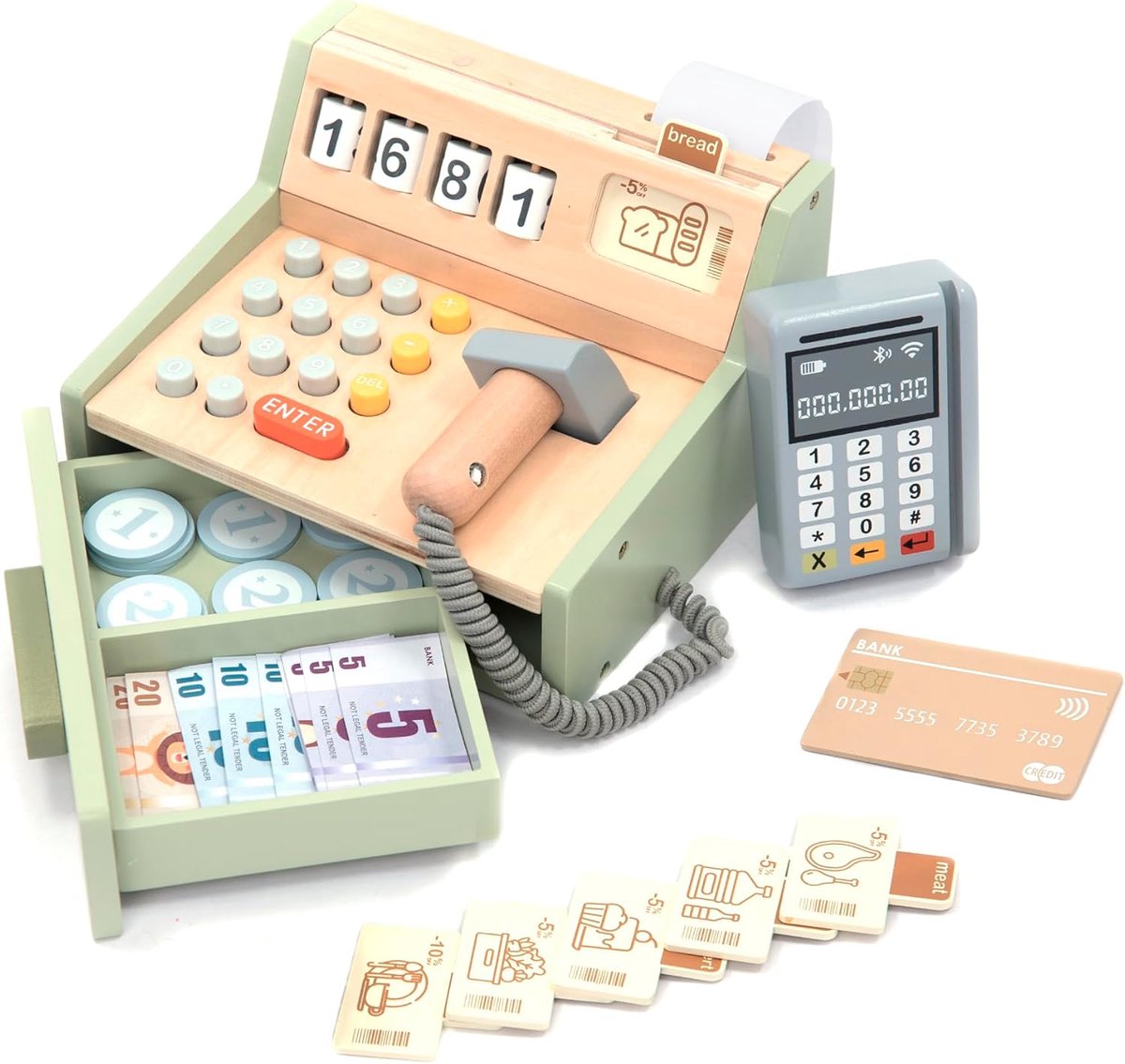 Houten kassa voor kinderen - Inclusief accessoires (scanner, betaalterminal, speelgeld, enz.) - Rollenspelwinkel met accessoires voor kinderen van 3, 4, 5 en 6 jaar