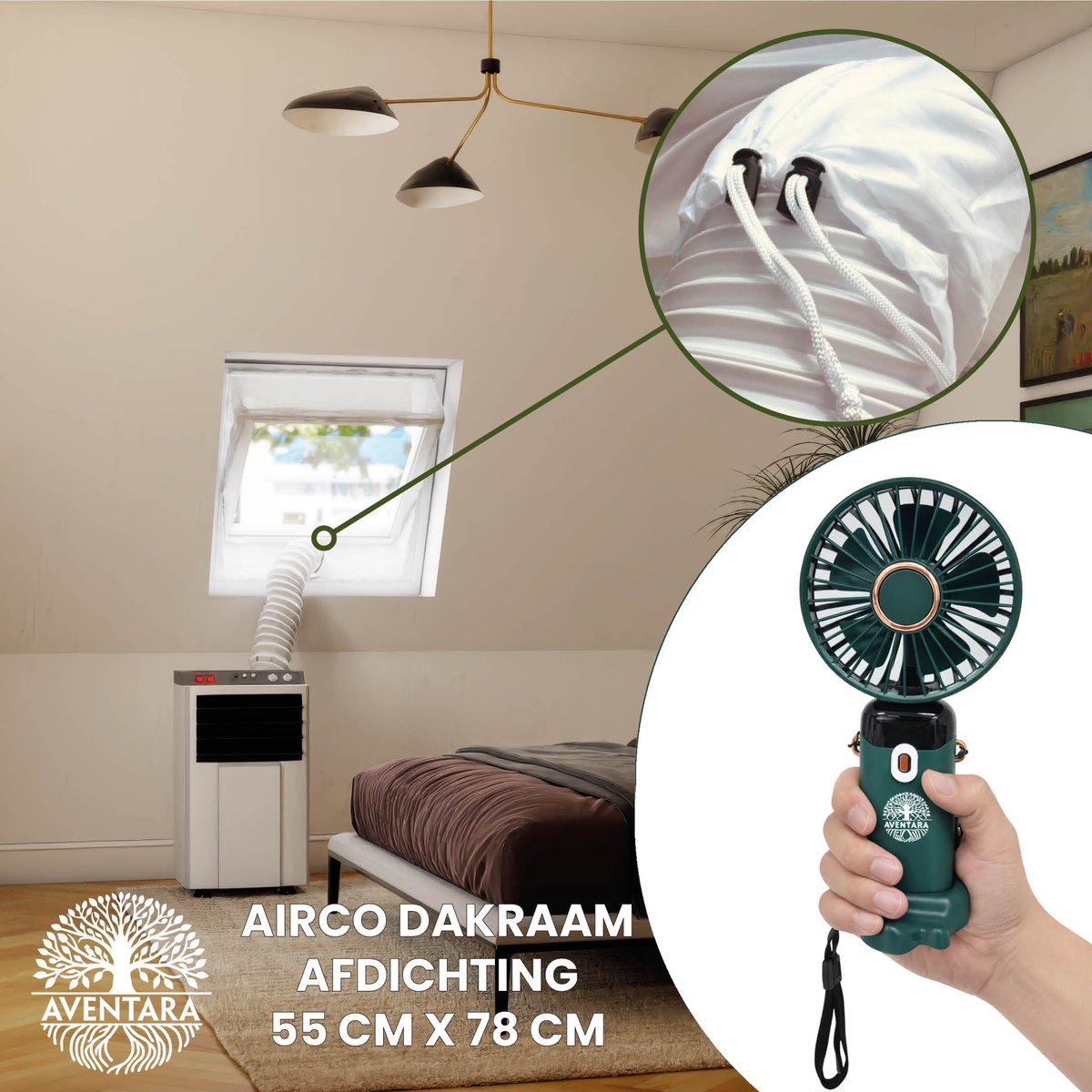 Airco Dakraam Afdichting 55 x 78 cm + Handventilator – Mobiele Airco Raamafdichting Dakraam – Geschikt voor Velux CK02 (GGL 102, C02) – Fakro Optilight 01