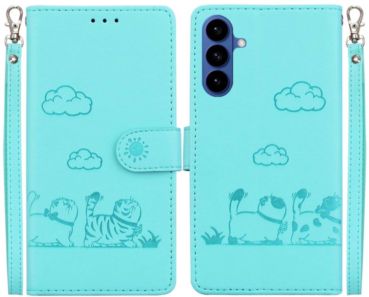BookCover Hoes Etui geschikt voor Samsung Galaxy S26 - Turquoise - Cartoon Cats - Kat - Reliëf