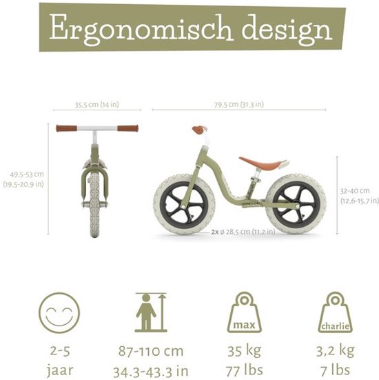 Afmetingen van een lichtgroene loopfiets: hoogte zadel (32-40 cm), hoogte stuur (49.5-53 cm), breedte (35.5 cm), lengte (79.5 cm). Geschikt voor 2-5 jaar, tot 35 kg.