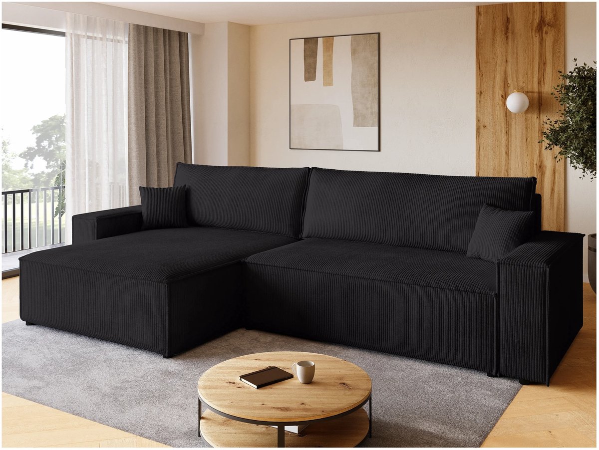 Hoekbank met slaapfunctie 274 × 143 × 85 cm – Zwarte ribstof hoekbank met opbergruimte, uittrekbaar bed 125 × 230 cm, 4-zits lounge hoekbank met omkeerbare chaise longue – ADI XL Comfort – Bellavero