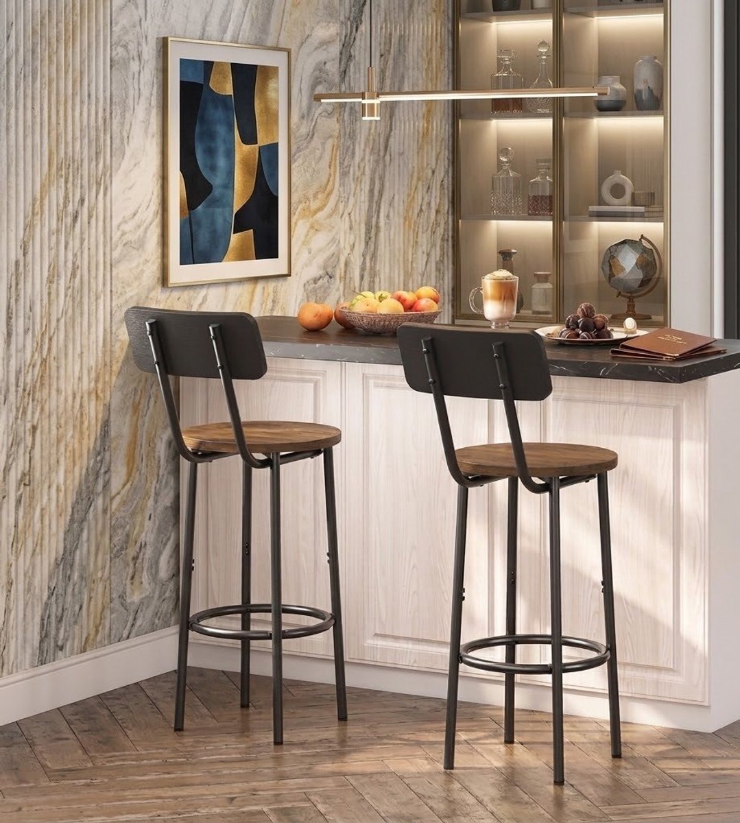 Industriele Barkrukken met Rugleuning en Voetsteun – Set van 2 – Zwarte Metalen Barstoelen 64,5 cm Zithoogte – Keukenkrukken voor Keukeneiland, Bar en Woonkamer – Vintage/Industrieel Design – Eenvoudige Montage | Casa Serena