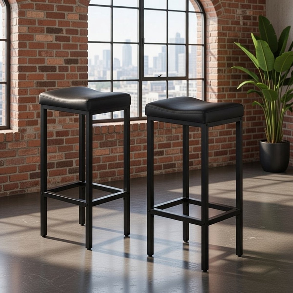 Moderne Barkrukken Set van 2 - Zwarte PU Lederen Barstoelen met Gebogen Zadelzitting, Voetsteun en Stevig Metaal Frame - Ideaal voor Keuken, Eetkamer, Café en Bar - 63 cm Hoog Casa Serena