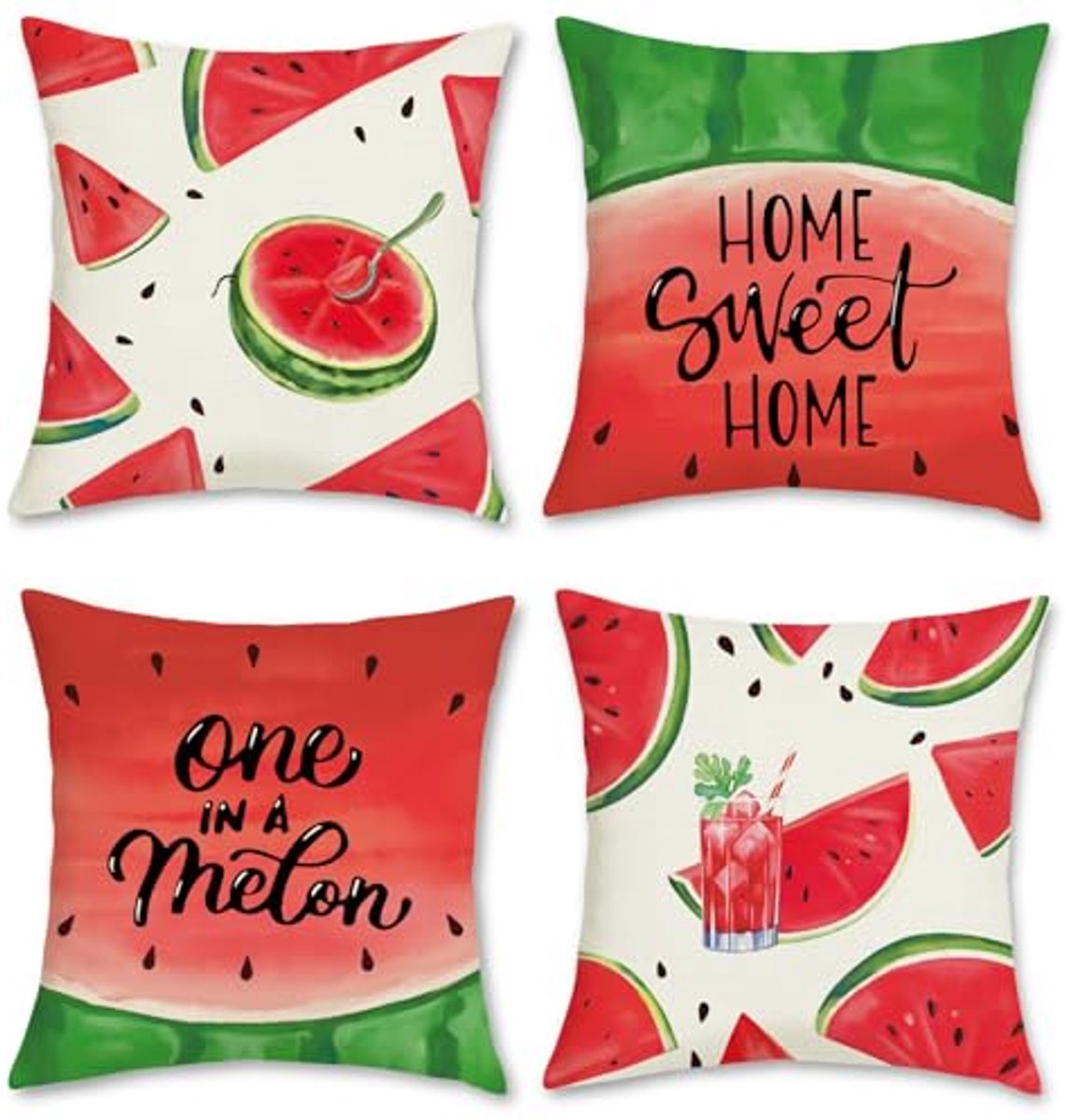 Ultiluxe® Kussenhoezen - 4 Stuks - Sierkussenslopen - Decoratieve Kussenhoes - 45 x 45 cm - Polyester Linnen - Watermeloen Fruitprint - Groen/Rood/Wit