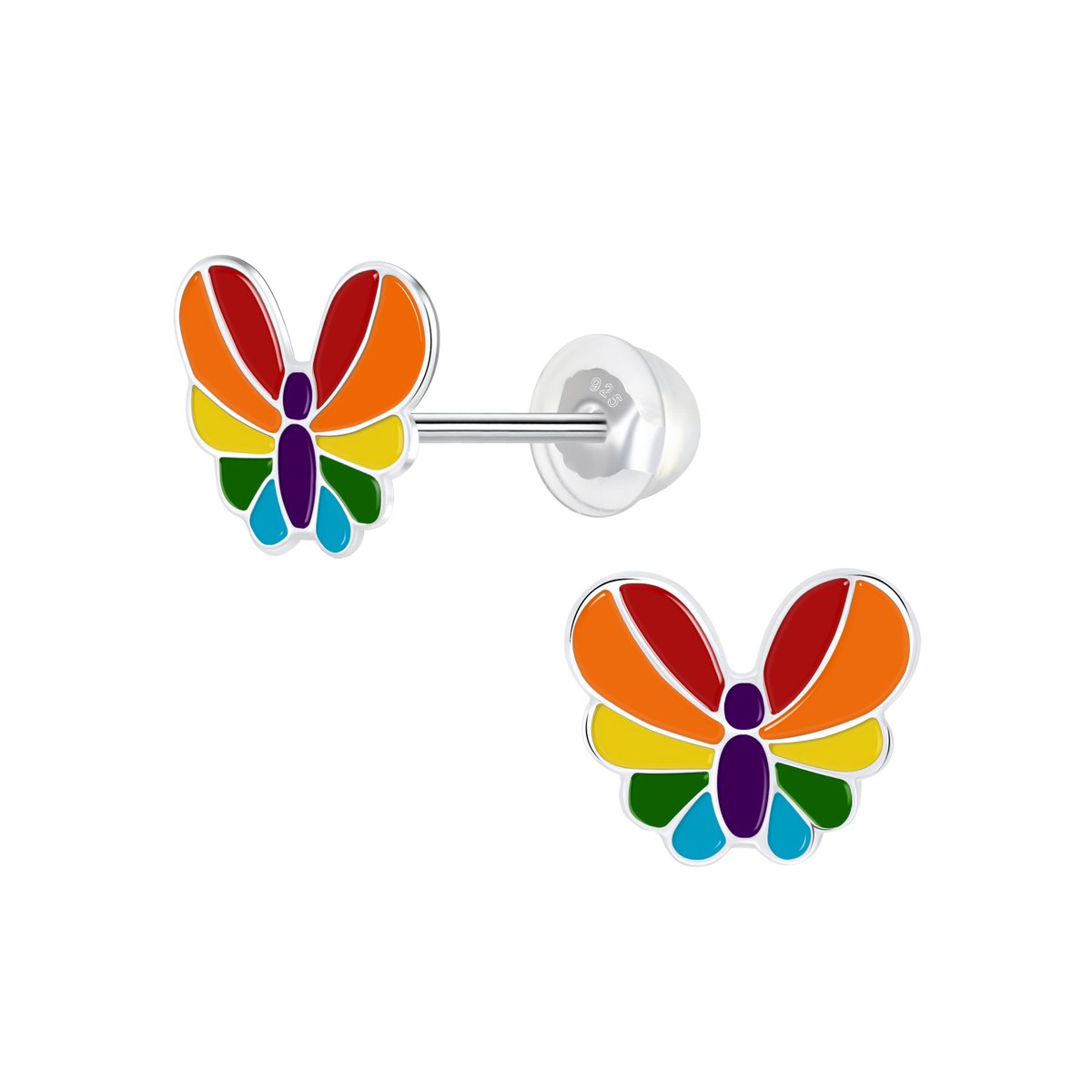 WeLoveSilver - zilveren oorstekers - K3 vlinder - regenboog - 7mm