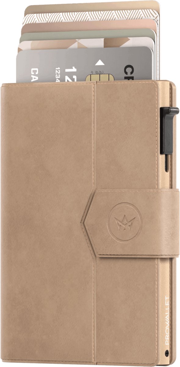 Prowallet Plus - Beige - Pasjeshouder voor 8 pasjes, briefgeld en muntgeld - Uitschuifbaar - RFID Creditcardhouder - Kaarthouder Portemonnee, Premium Pashouder voor Mannen - Aluminium, Kunstleer - Incl. Luxe Cadeaubox
